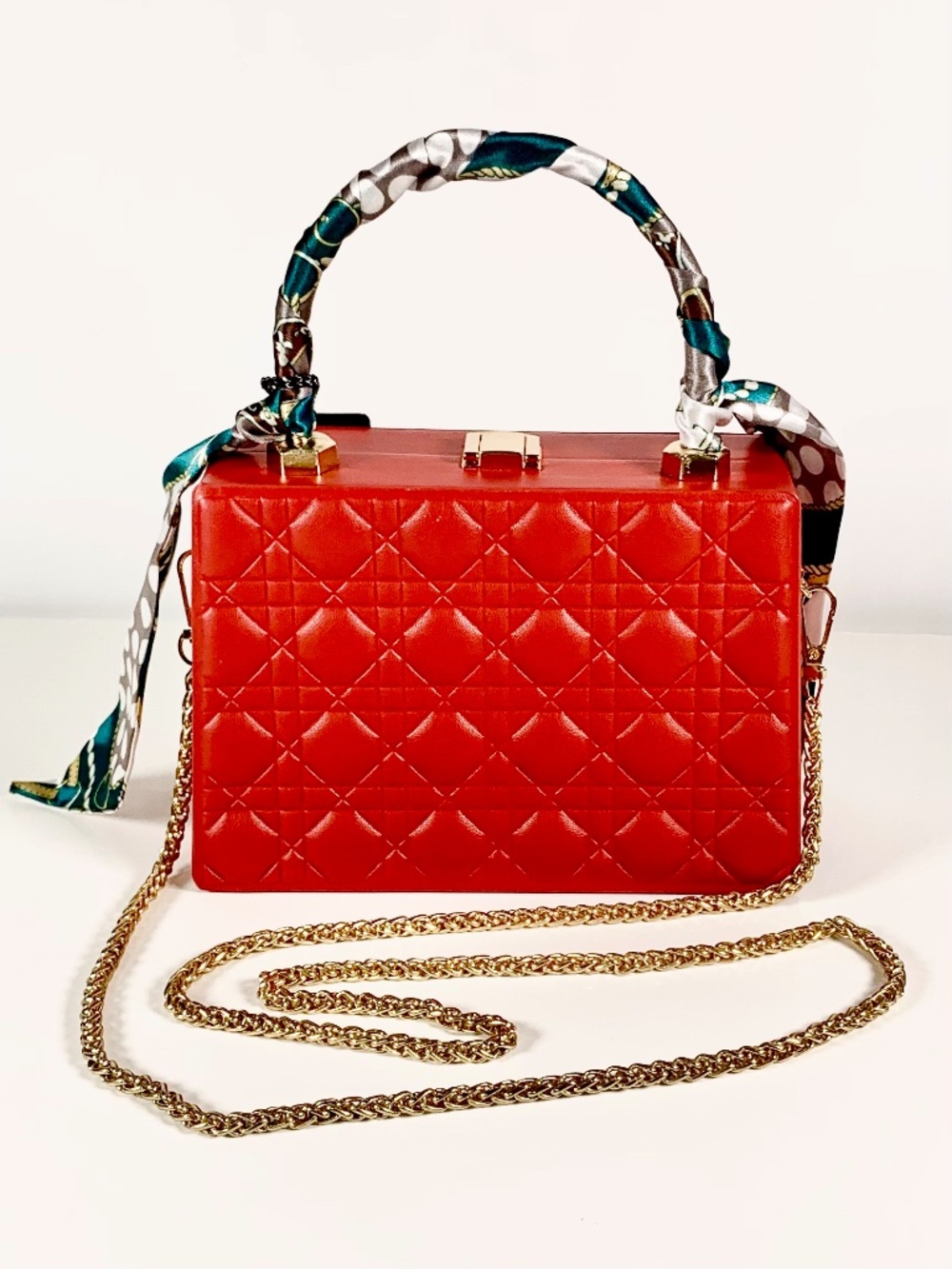 Chic Red Diamond Quilted Square Box Glam Handbag Top Handle Crossbody Gold Chain